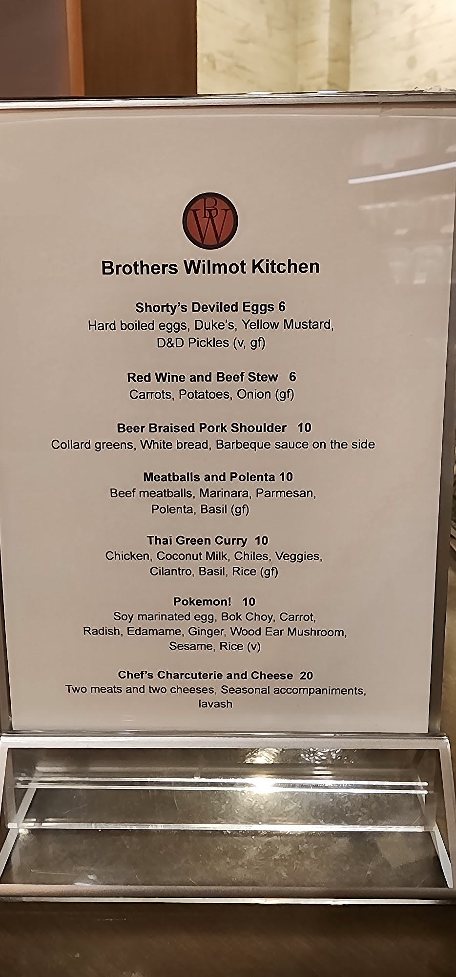 Brothers Wilmot Kitchen Menu