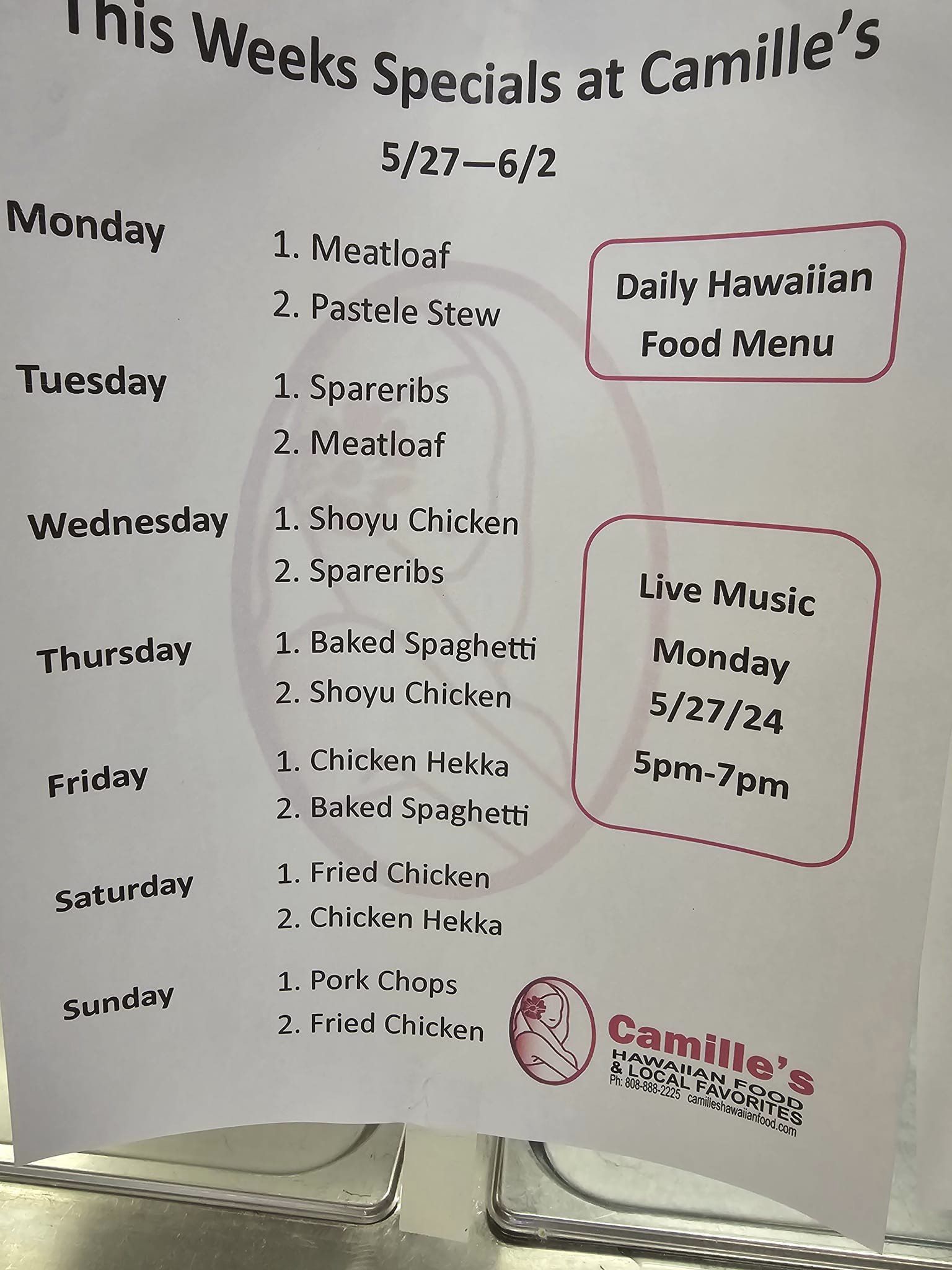 Camille's Hawaiian Food Menu