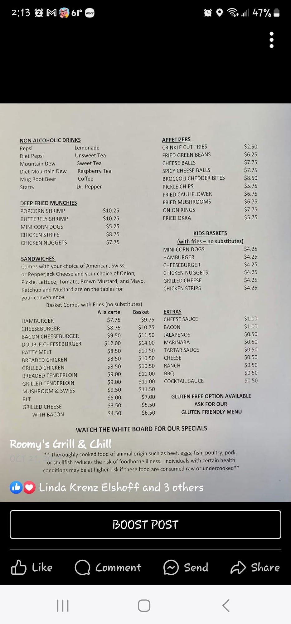 Roomy's Grill & Chill Menu