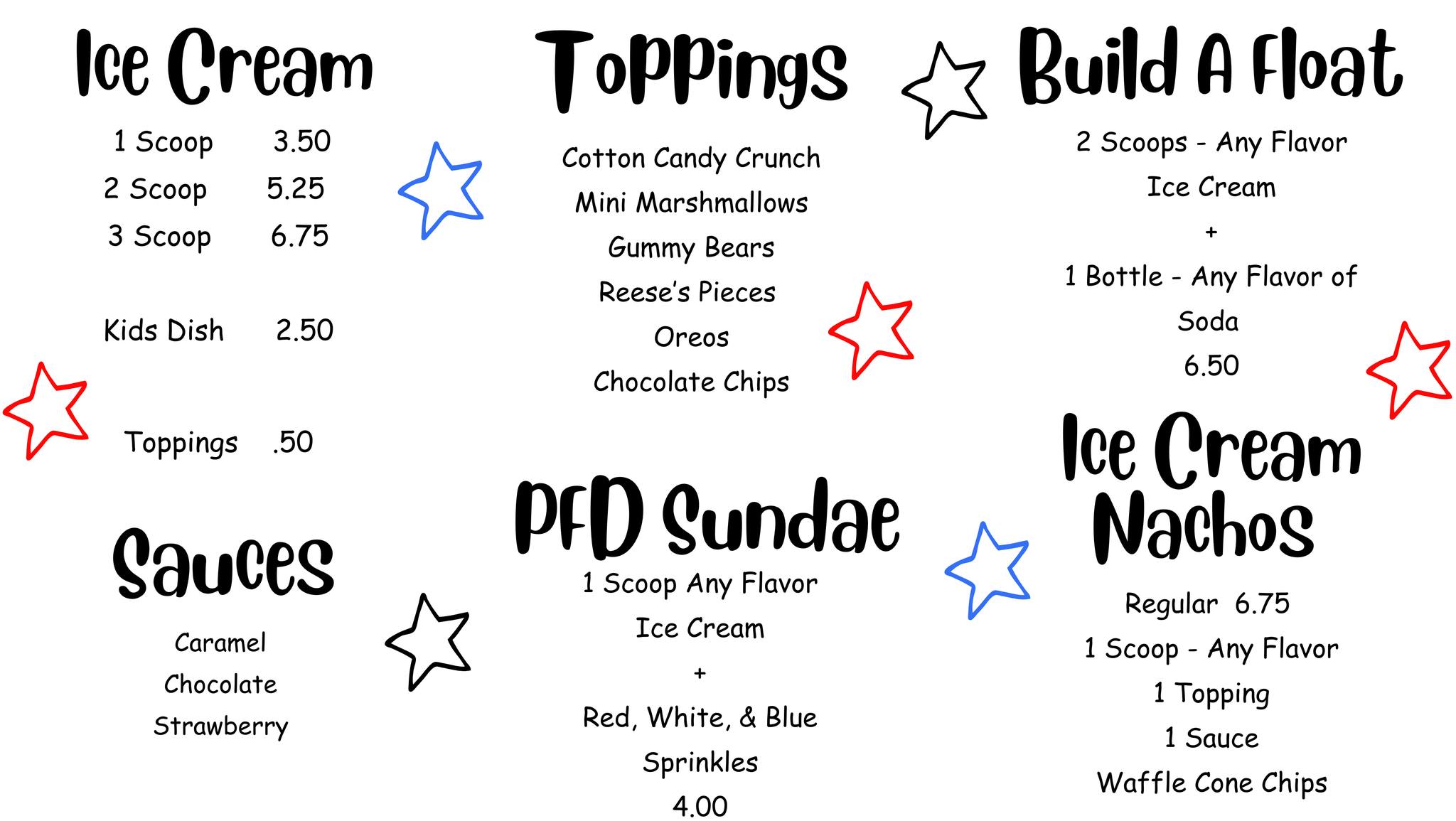 Jackie's Ice Cream Menu