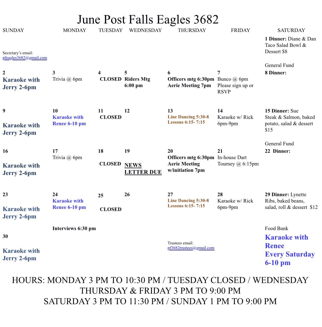 Fraternal Order of Eagles Menu
