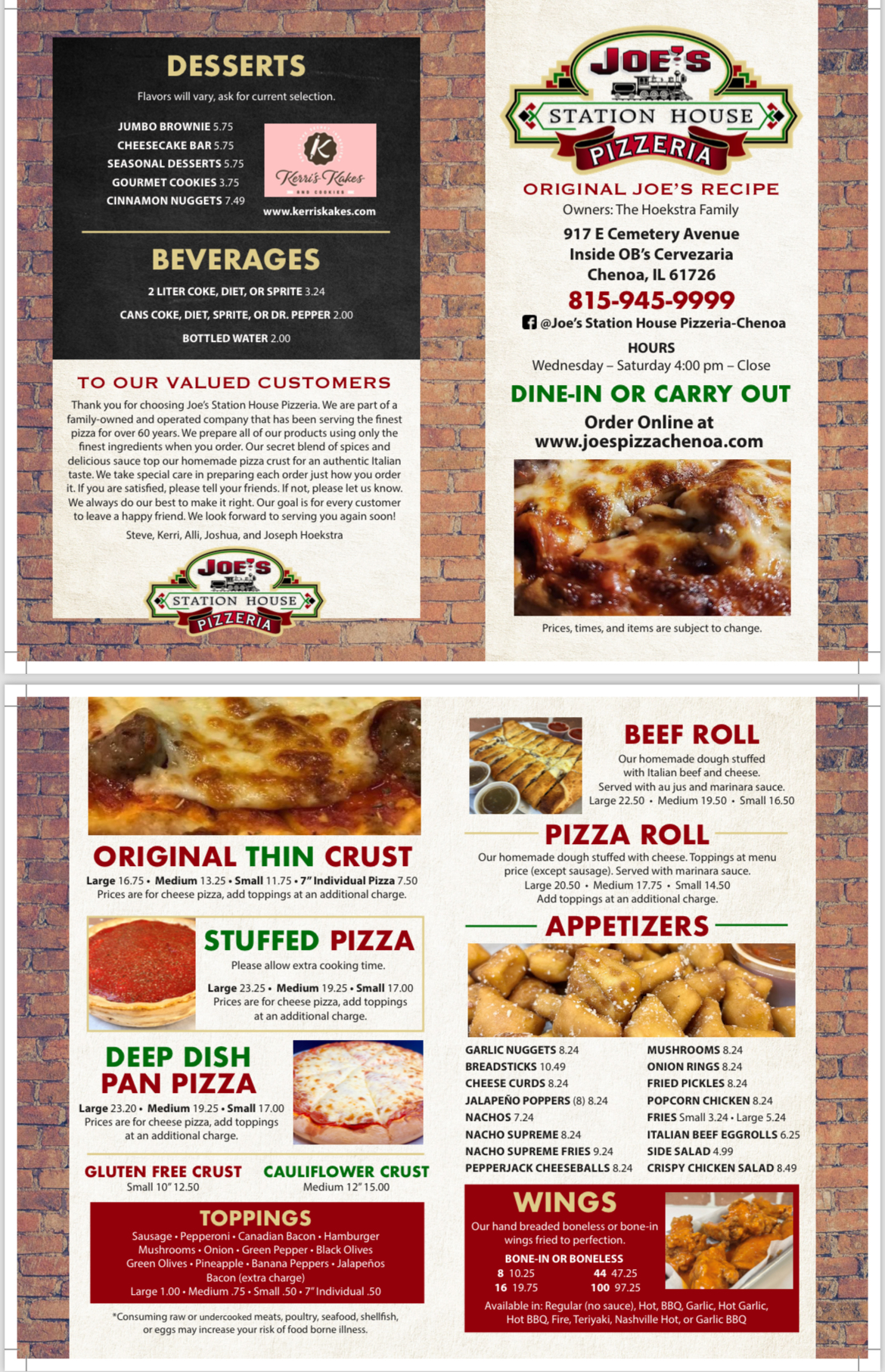 Joe’s Station House Pizza Menu
