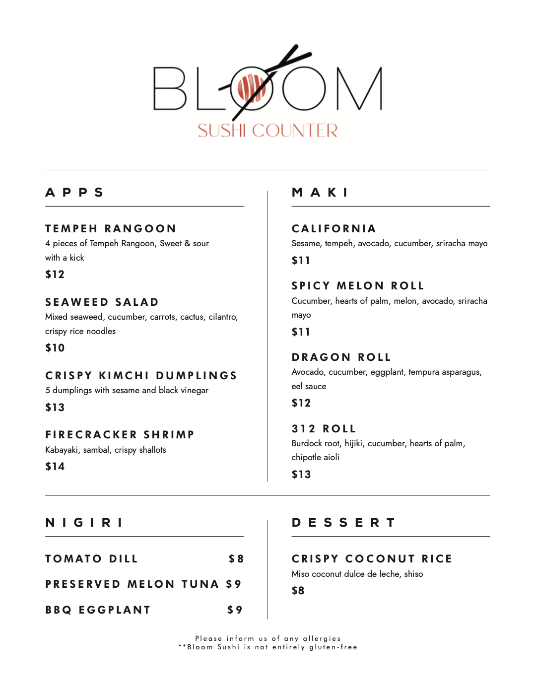 Bloom Sushi Menu