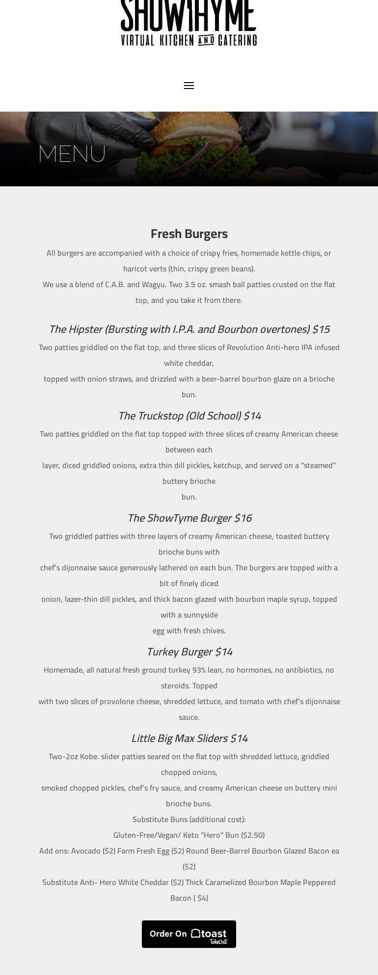 Showthyme Virtual Kitchen and catering Menu