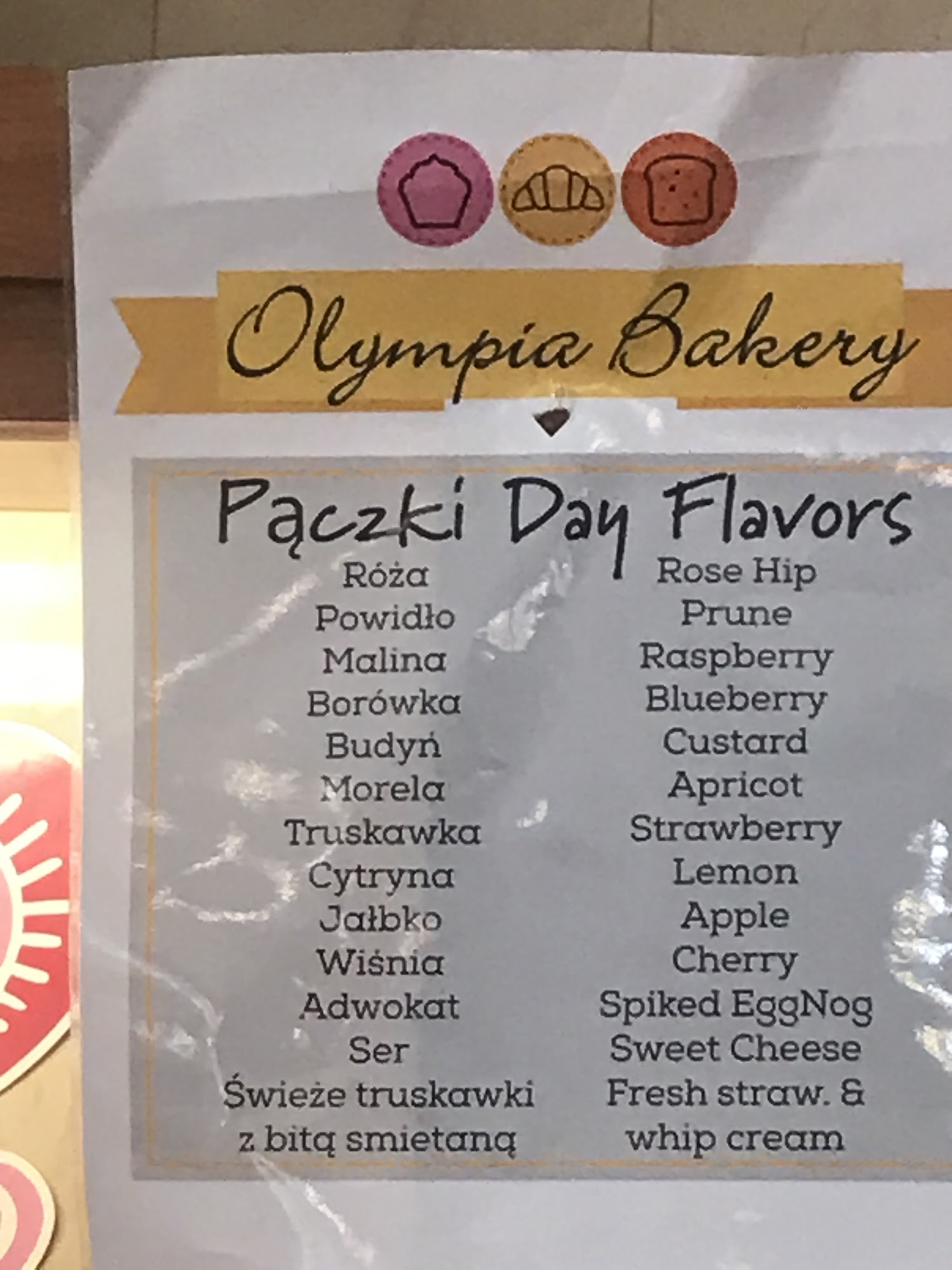 Olympia Bakery Menu