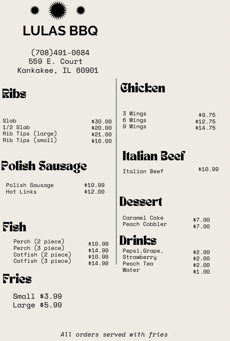 Lulas BBQ Chicken & Fish Menu