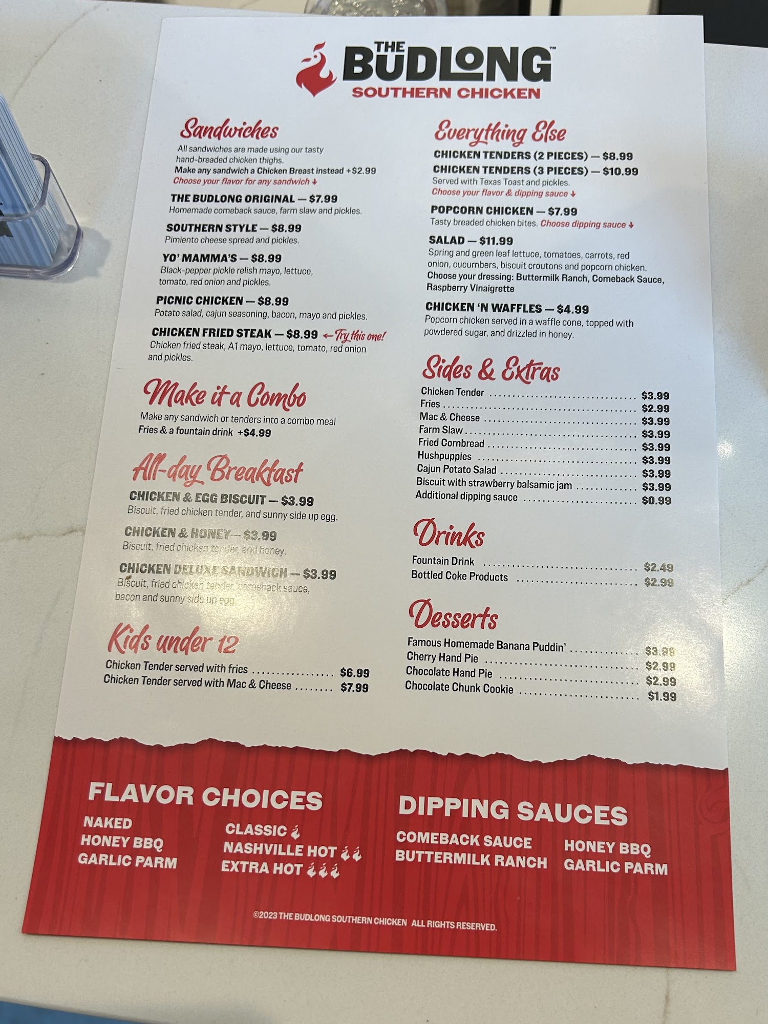 The Budlong Southern Chicken Menu