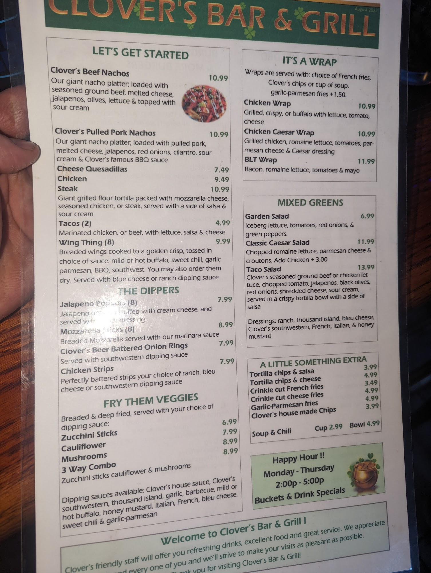Clover's Bar and Grill Menu