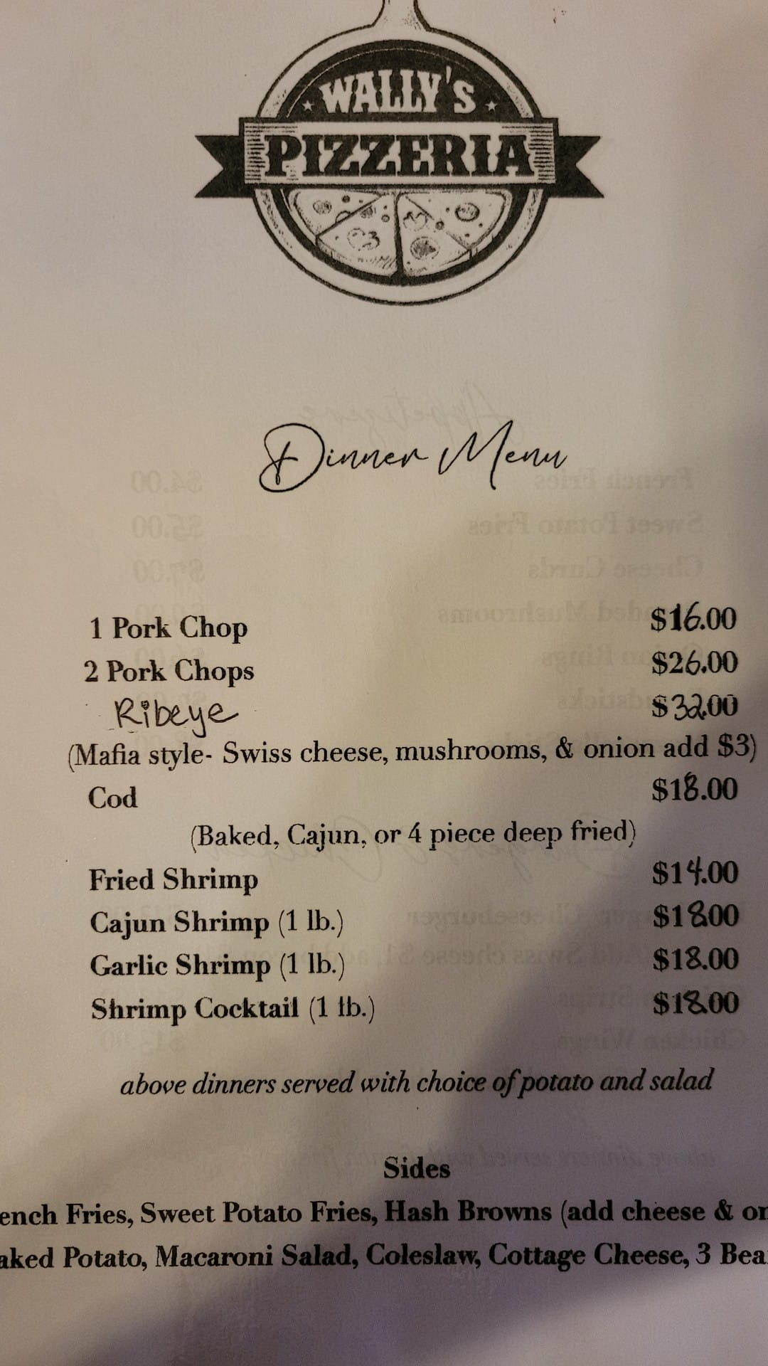 Wally's Pizzeria Menu