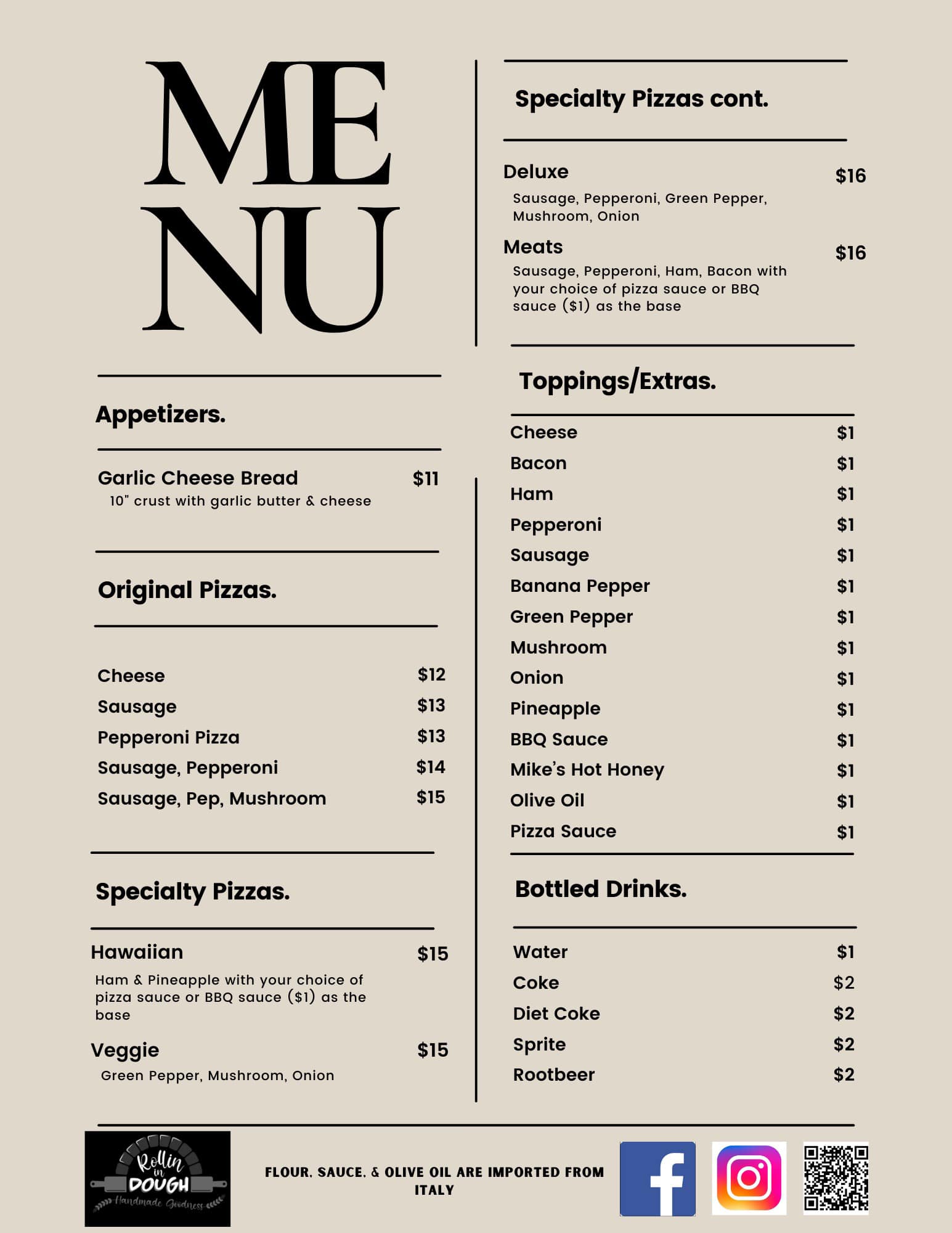 Rolling dough Pizza Co LLC Menu