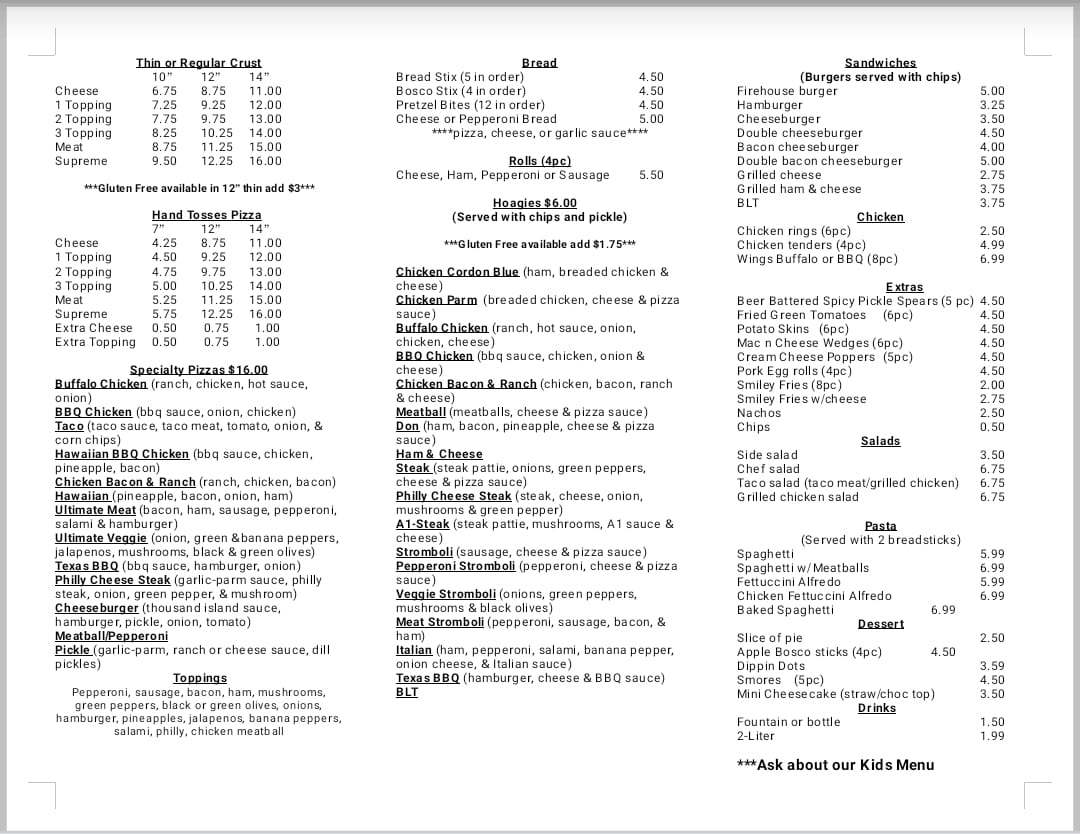 FireHouse Pizza Menu