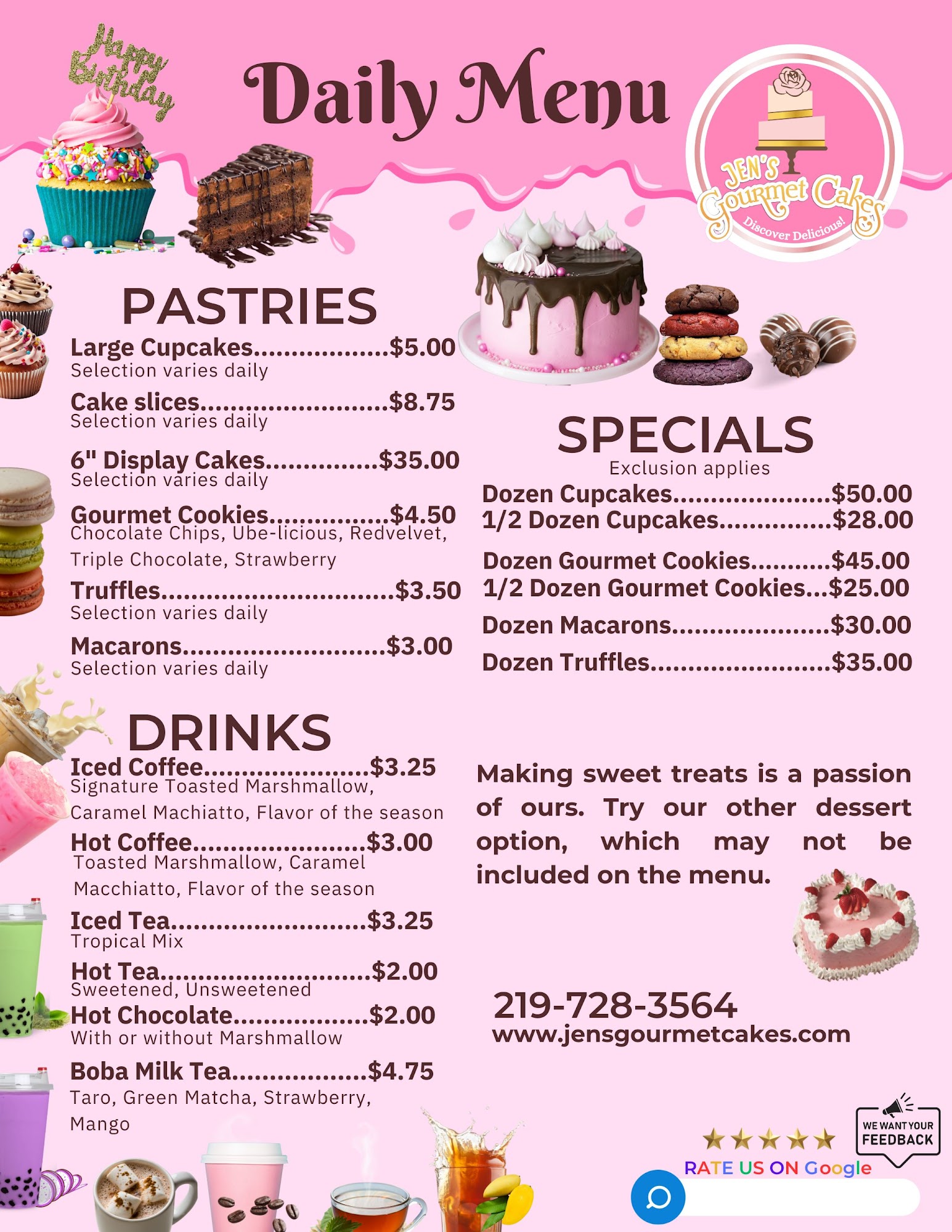 Jen's Gourmet Cakes Menu