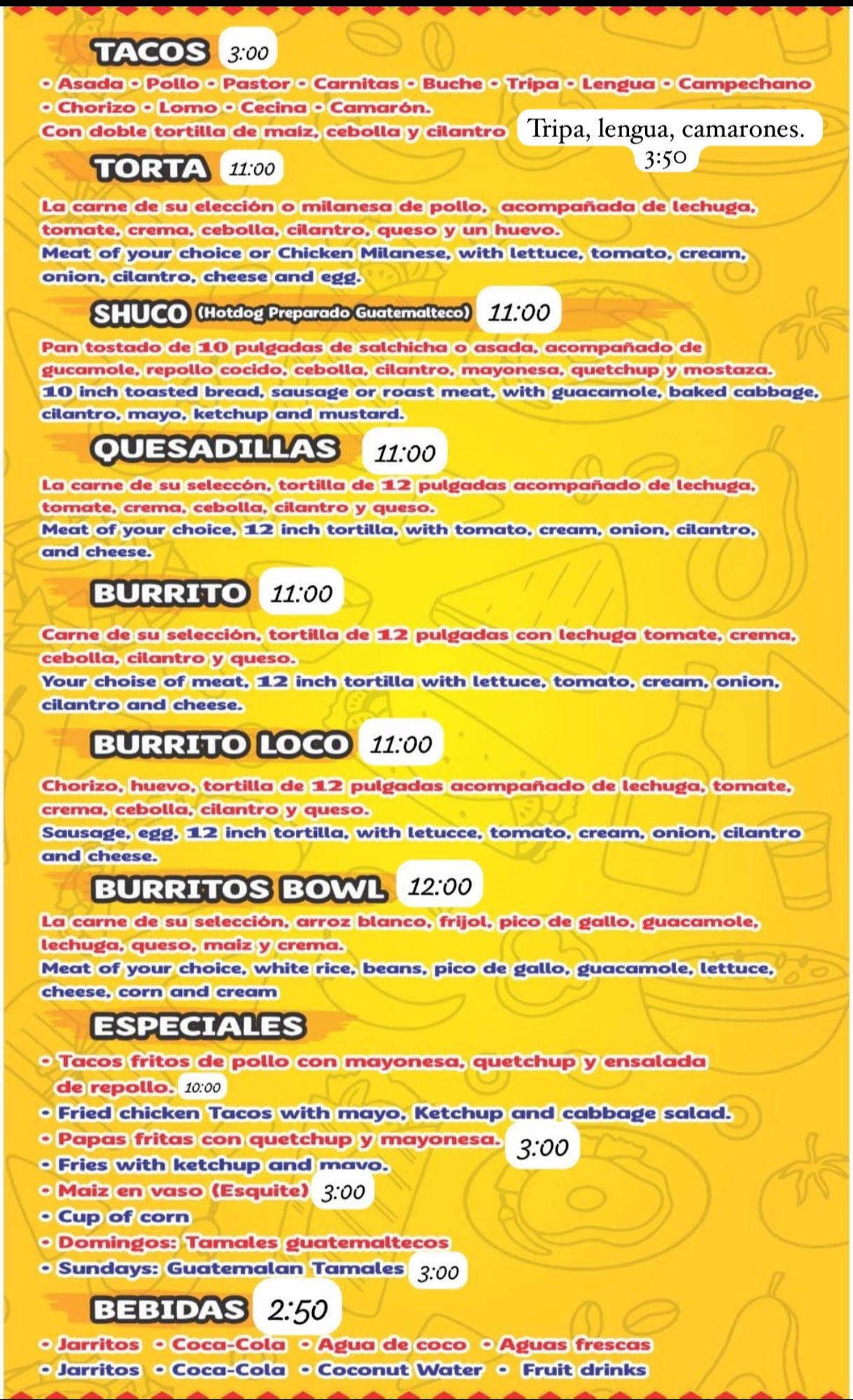 Taquería el pelón LLC Menu