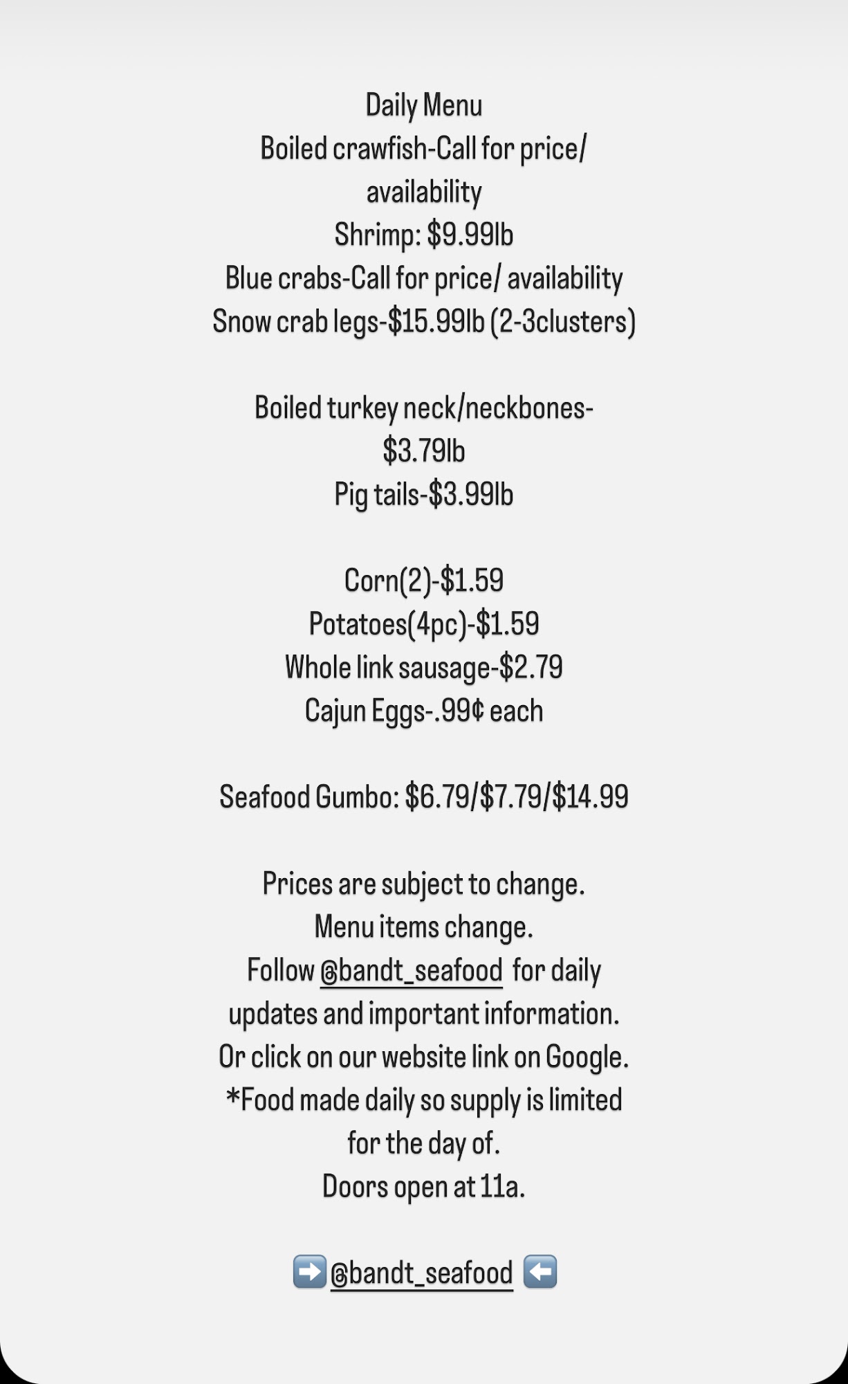 B & T Seafood Menu