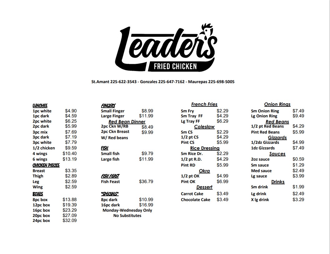 Leader's Fried Chicken Menu