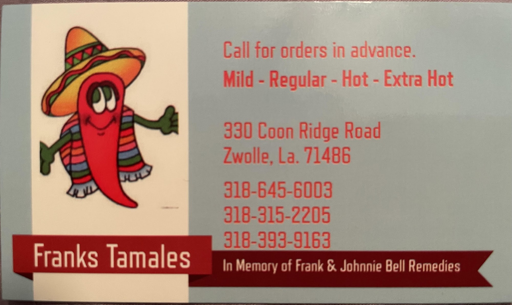 Franks Tamales Menu