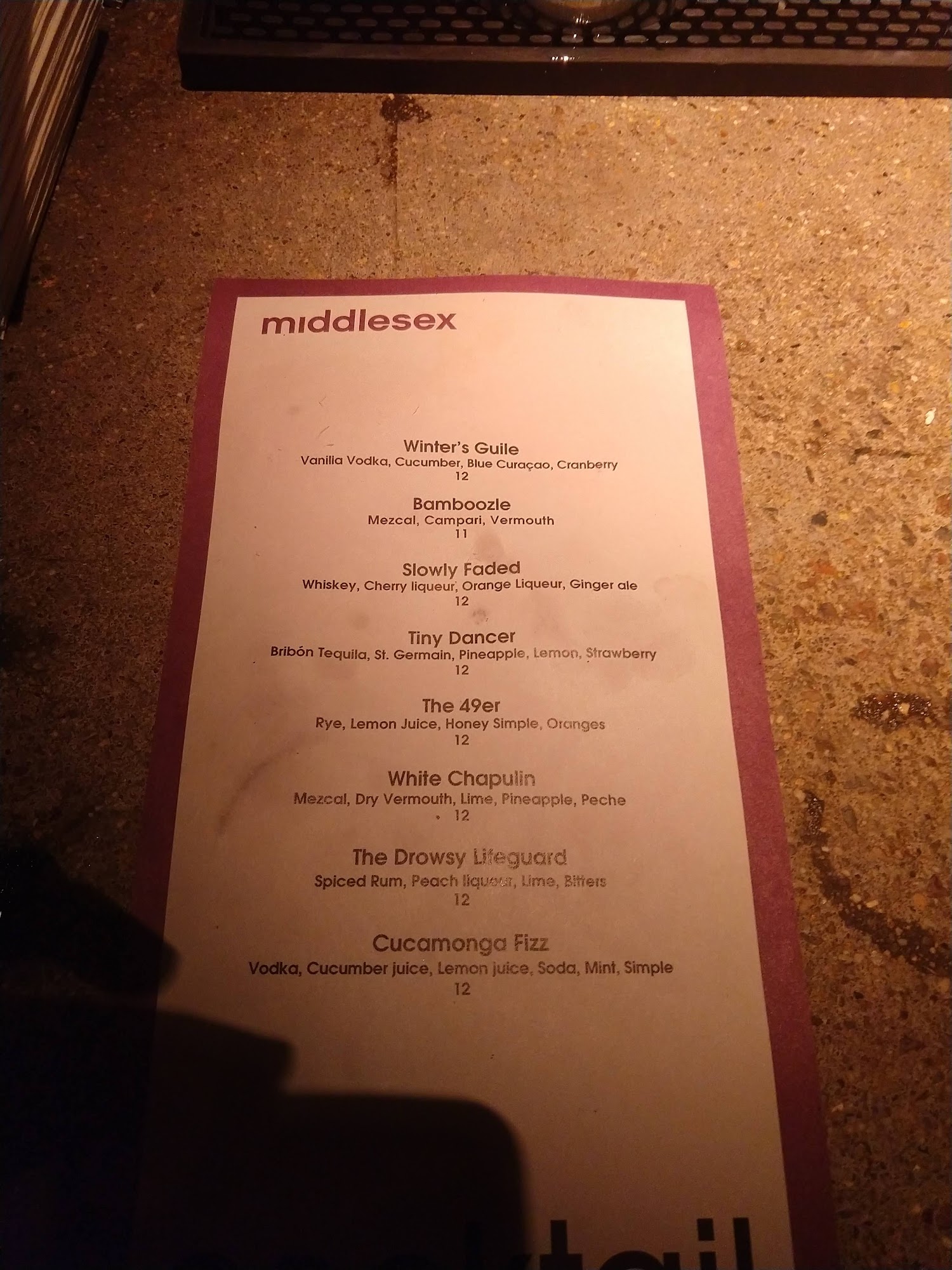 Middlesex Menu