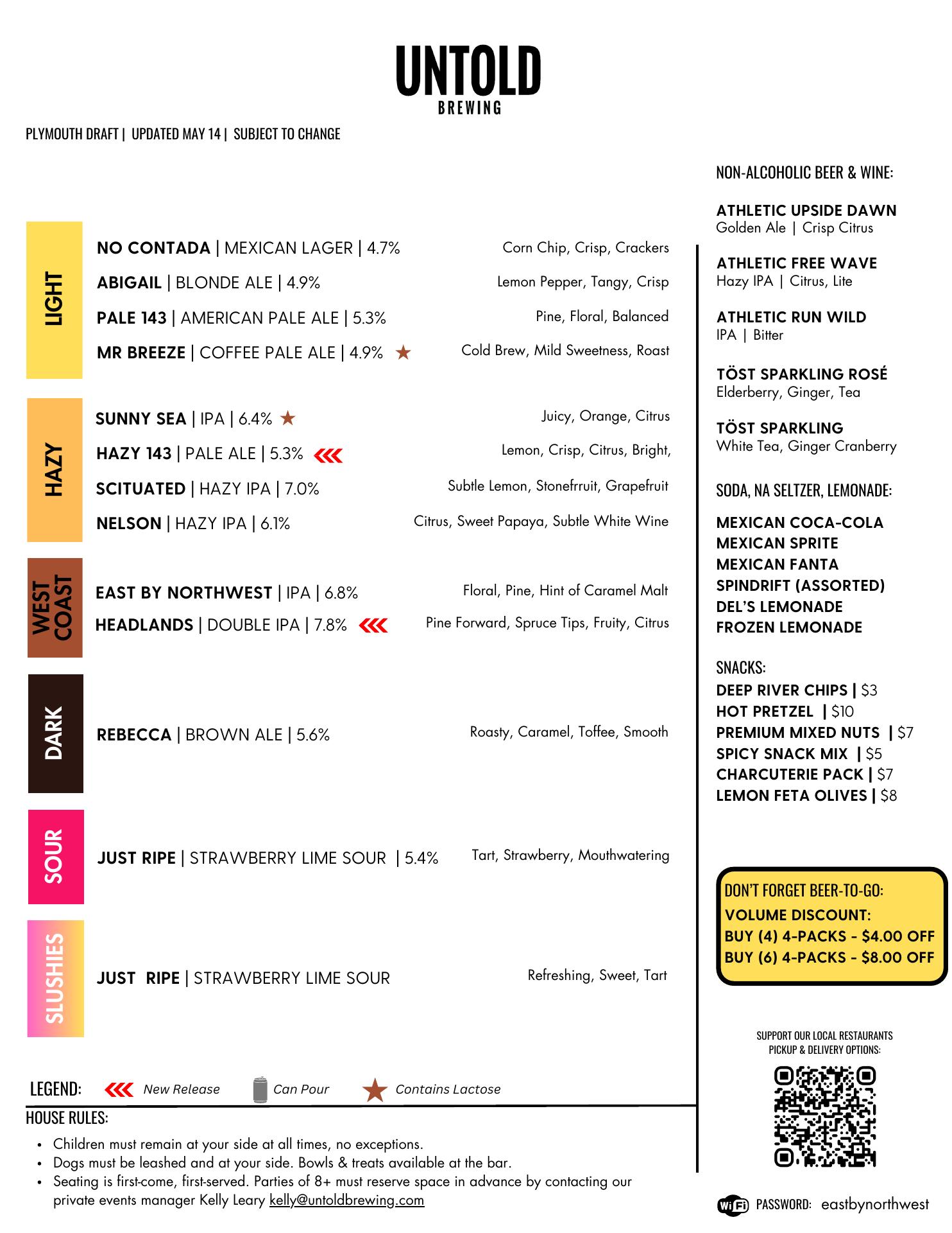 Untold Brewing - Plymouth Menu