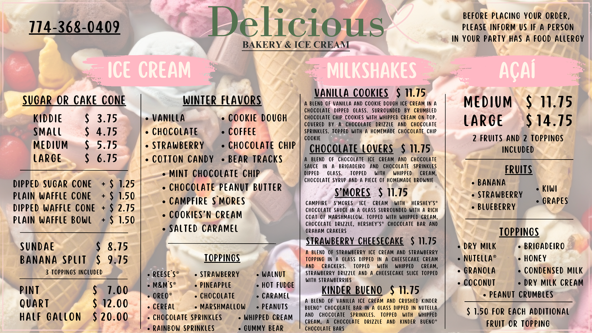 Delicious Bakery & Ice Cream Menu