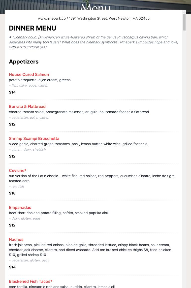 Ninebark Kitchen + Drinks Menu