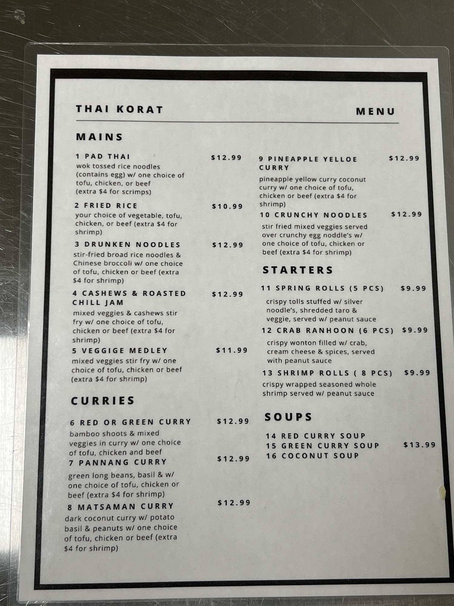 Thai korat Menu