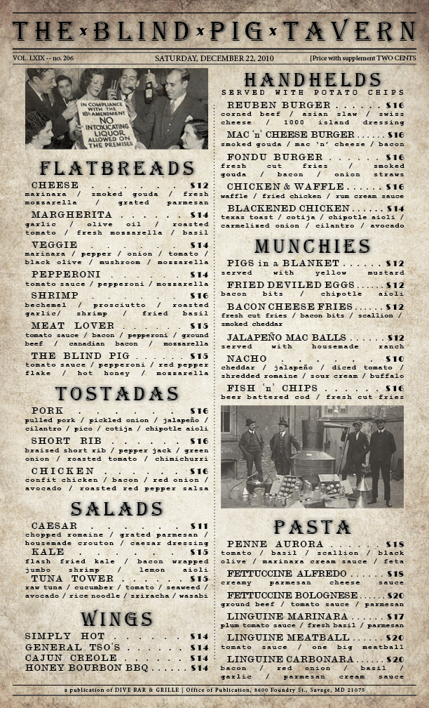 The Blind Pig Tavern Menu