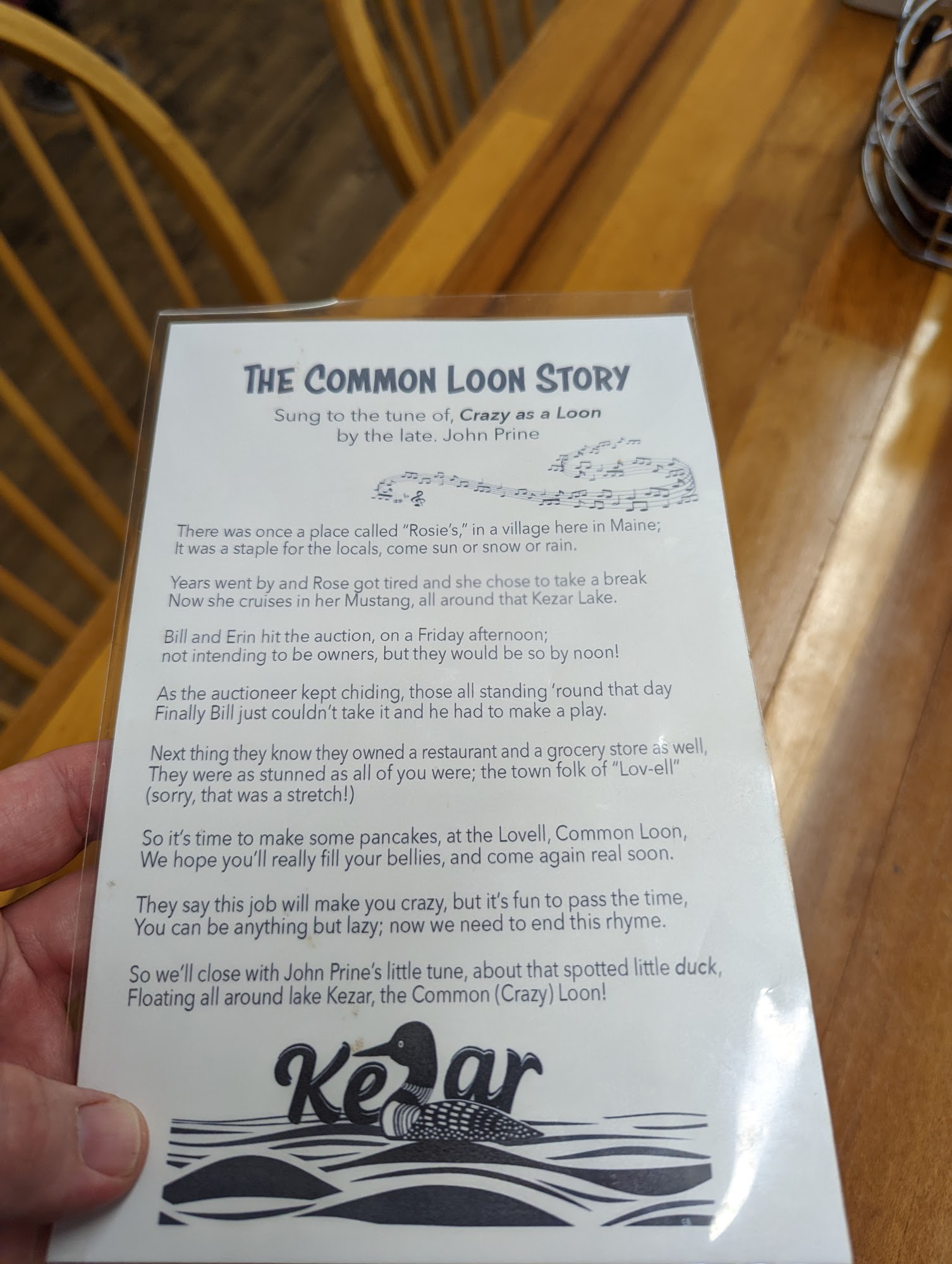 THE COMMON LOON, LOVELL, MAINE Menu