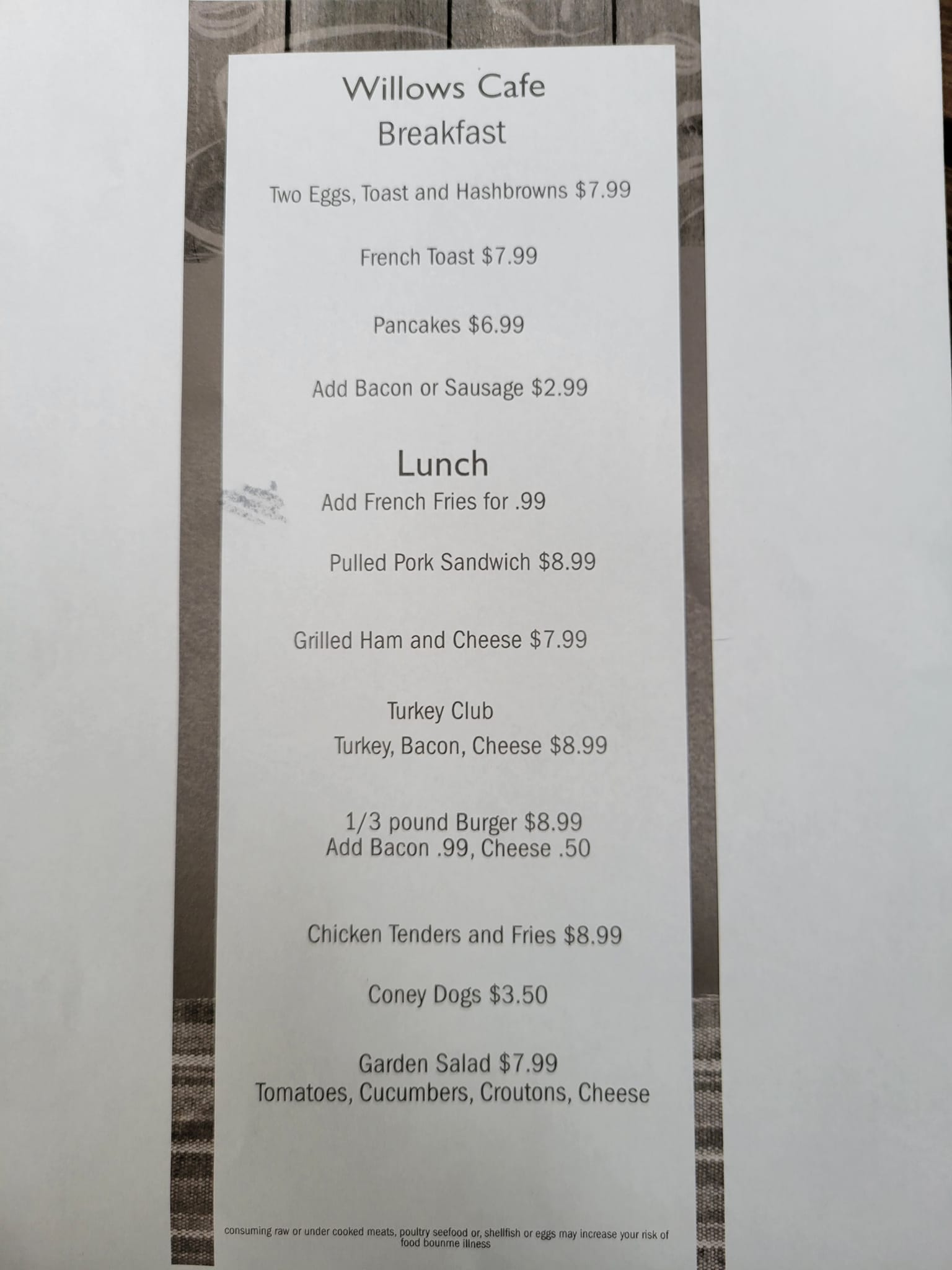 Willows Cafe and Boons BBQ Menu