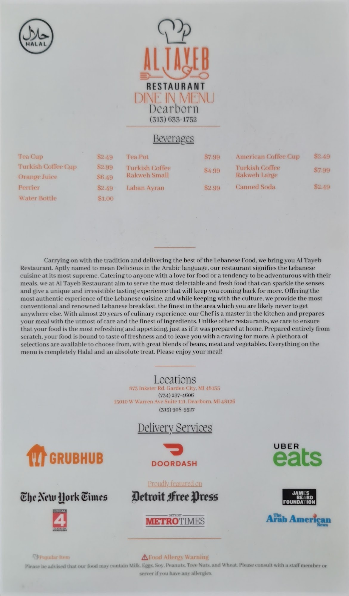 Menu for AlTayeb Restaurant, Dearborn, MI Restaurantji