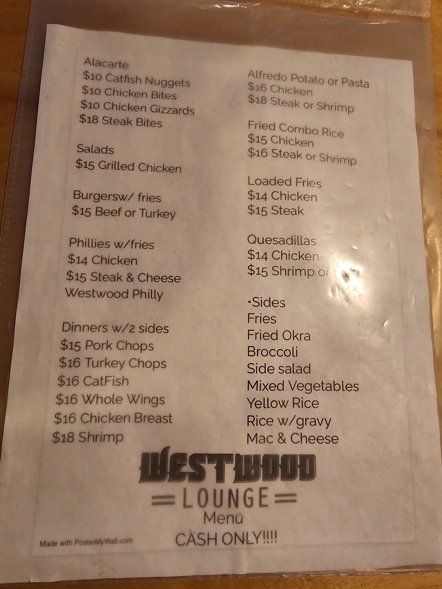 Westwood Lounge Menu