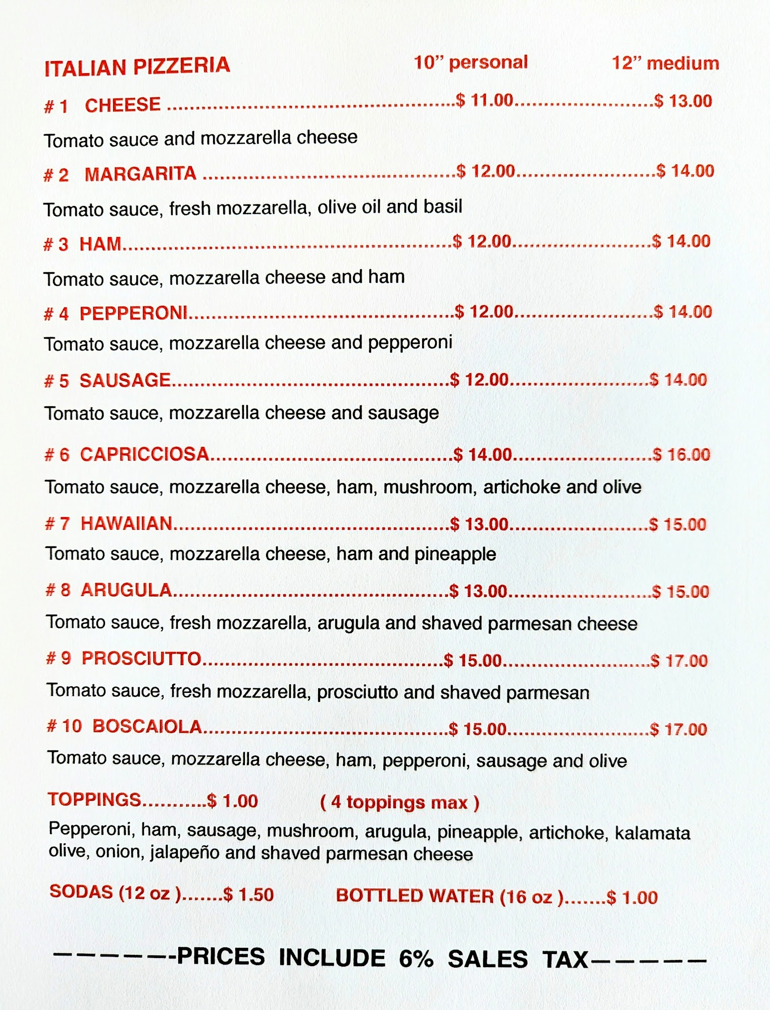 Ballarini Pizza Menu
