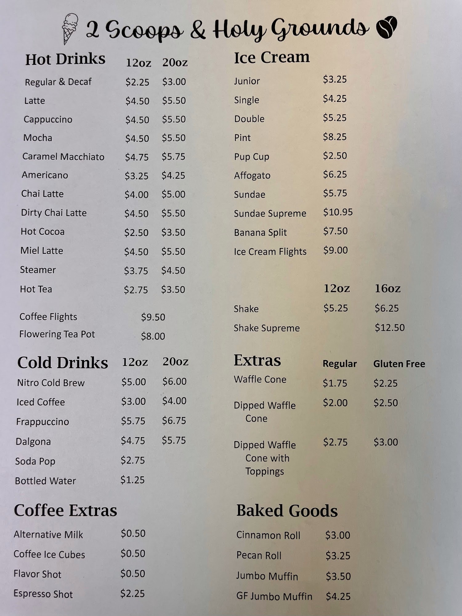 2 Scoops & Holy Grounds Menu
