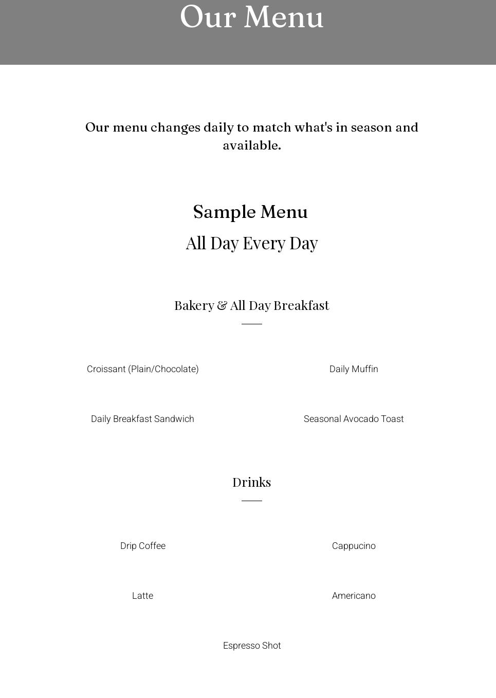 The Exchange Coffee Bar Menu