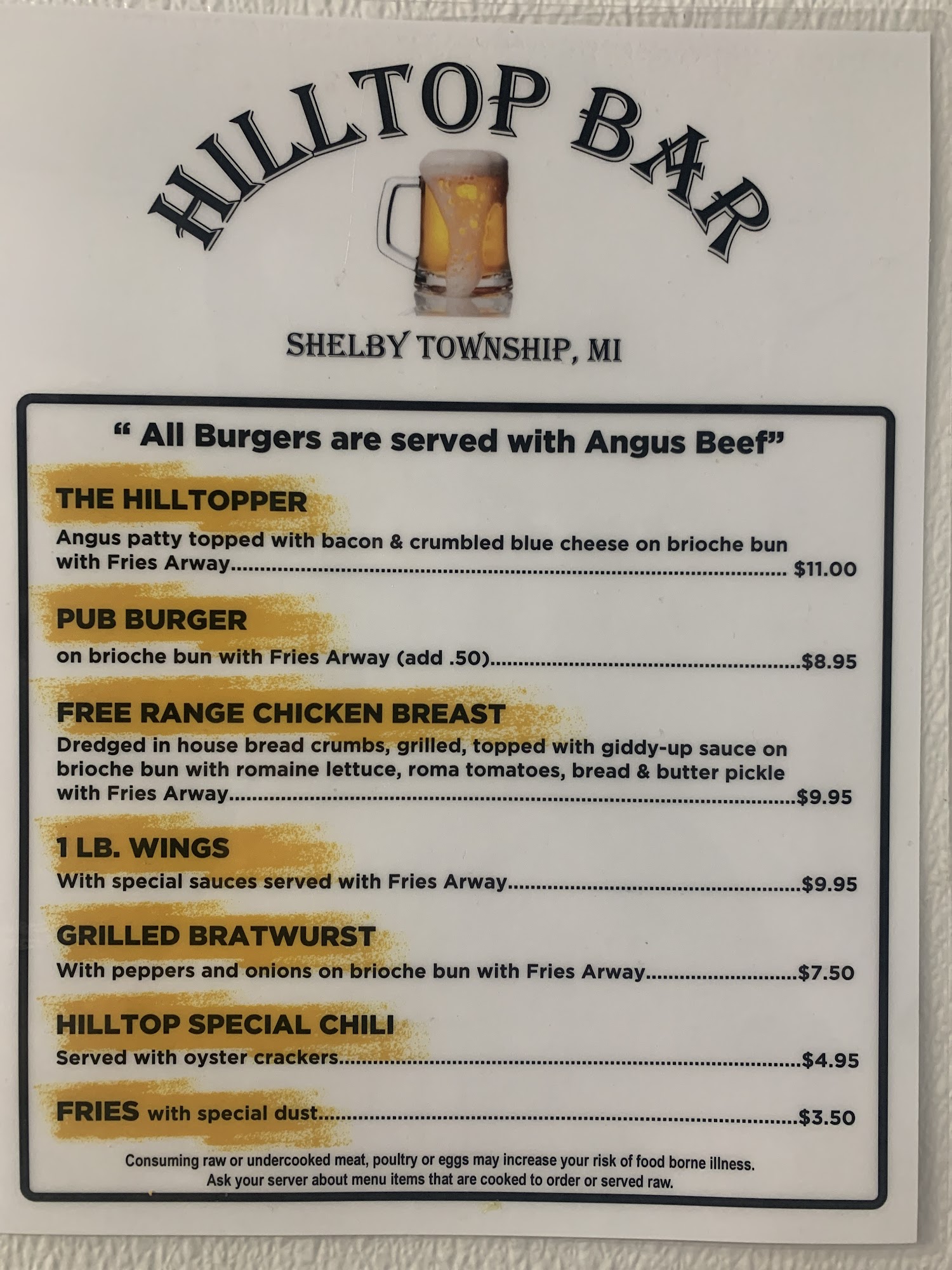Hilltop Bar Menu
