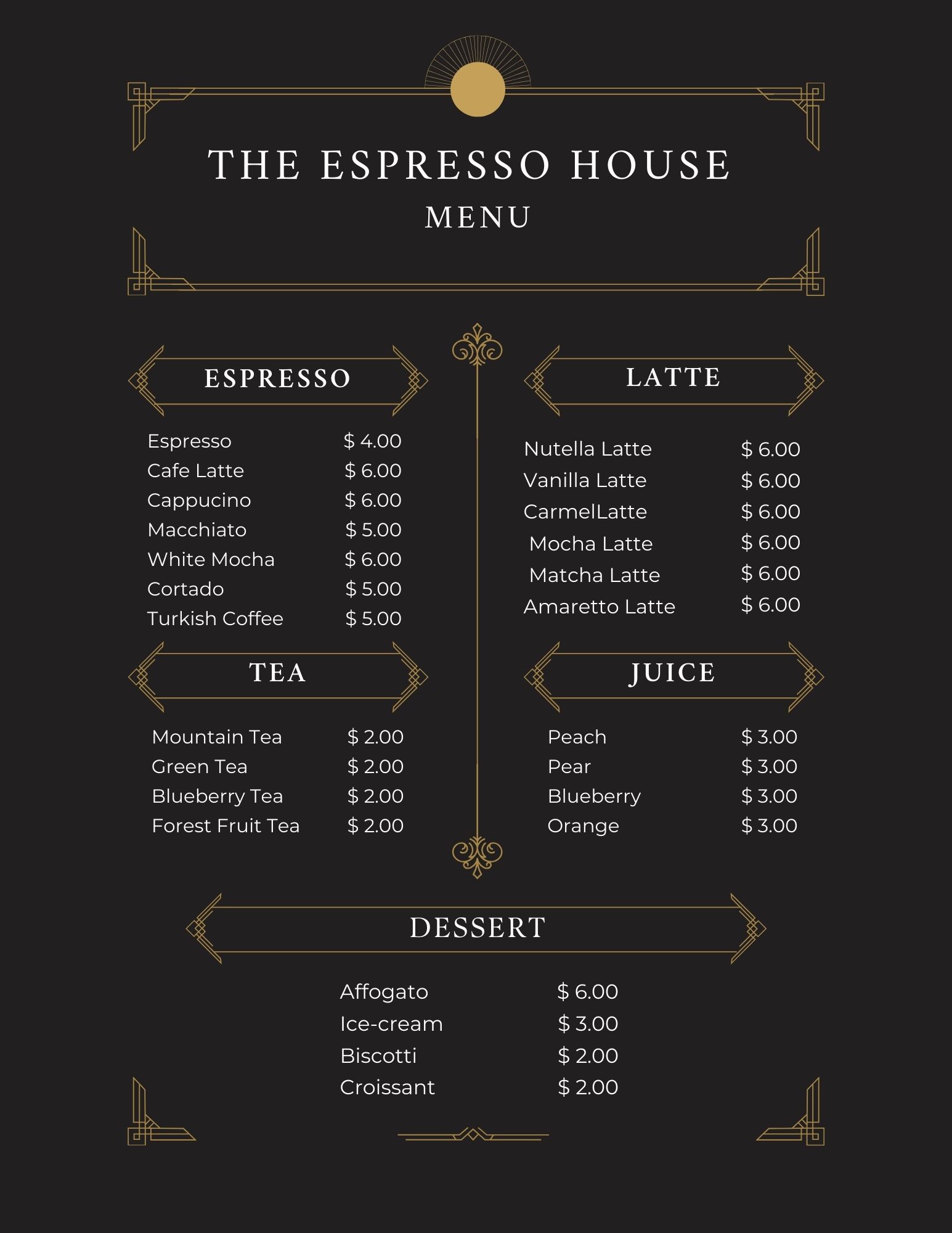 The Espresso House Menu