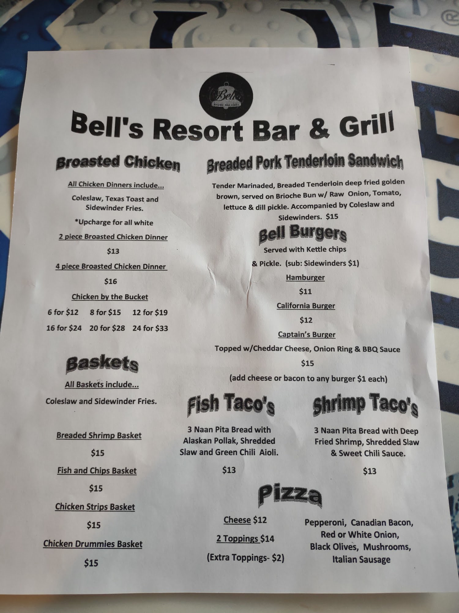 Bell's Resort Bar & Grill Menu