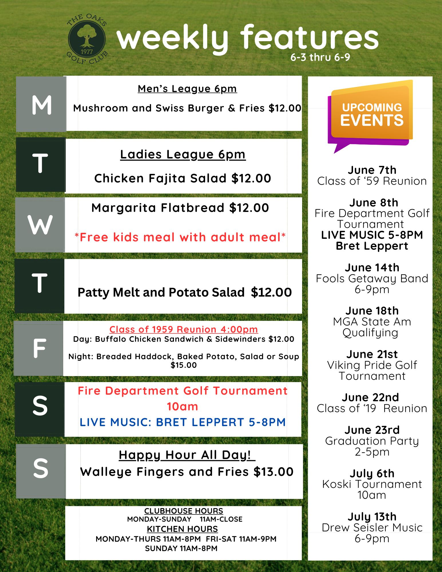 Oaks Golf Club Bar & Grill Menu