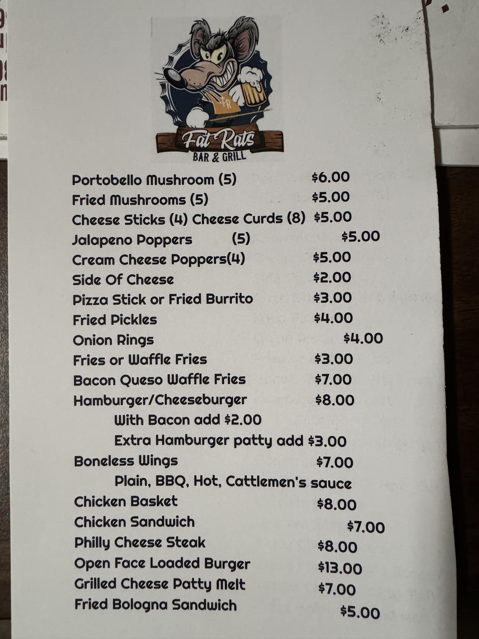 Fat Rats Bar & Grill Menu