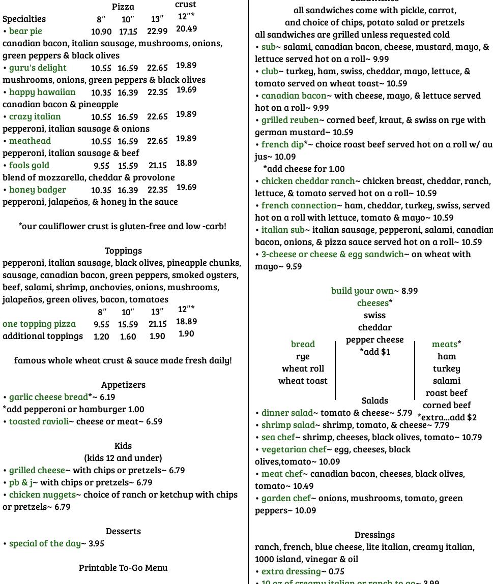 McSalty's Pizza Café Menu
