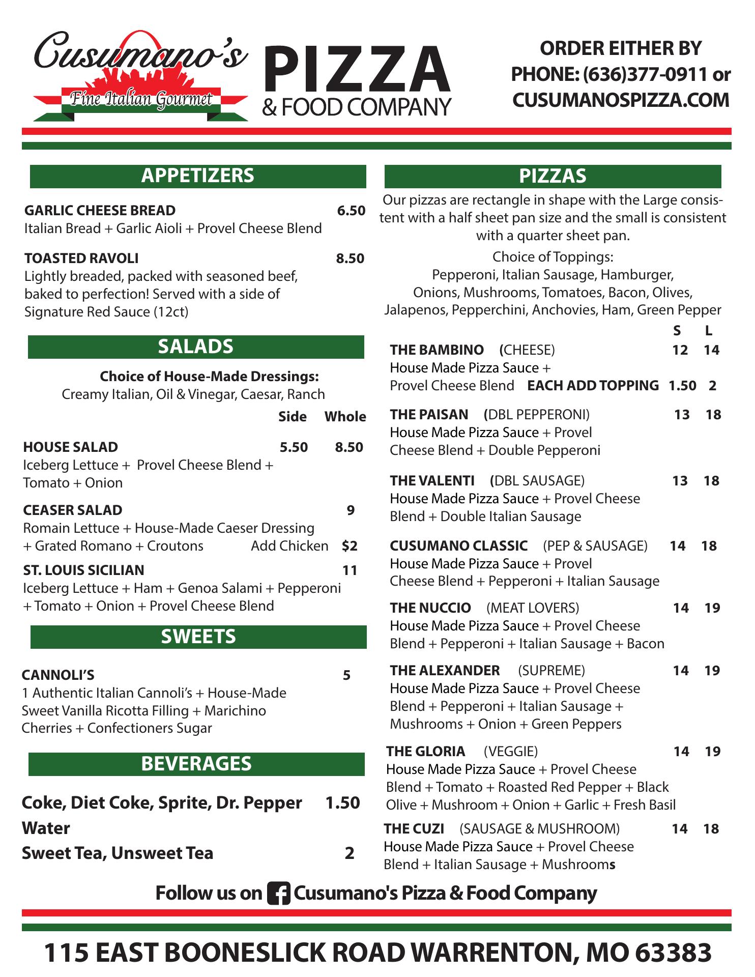 Cusumano's Pizza & Food Company Menu