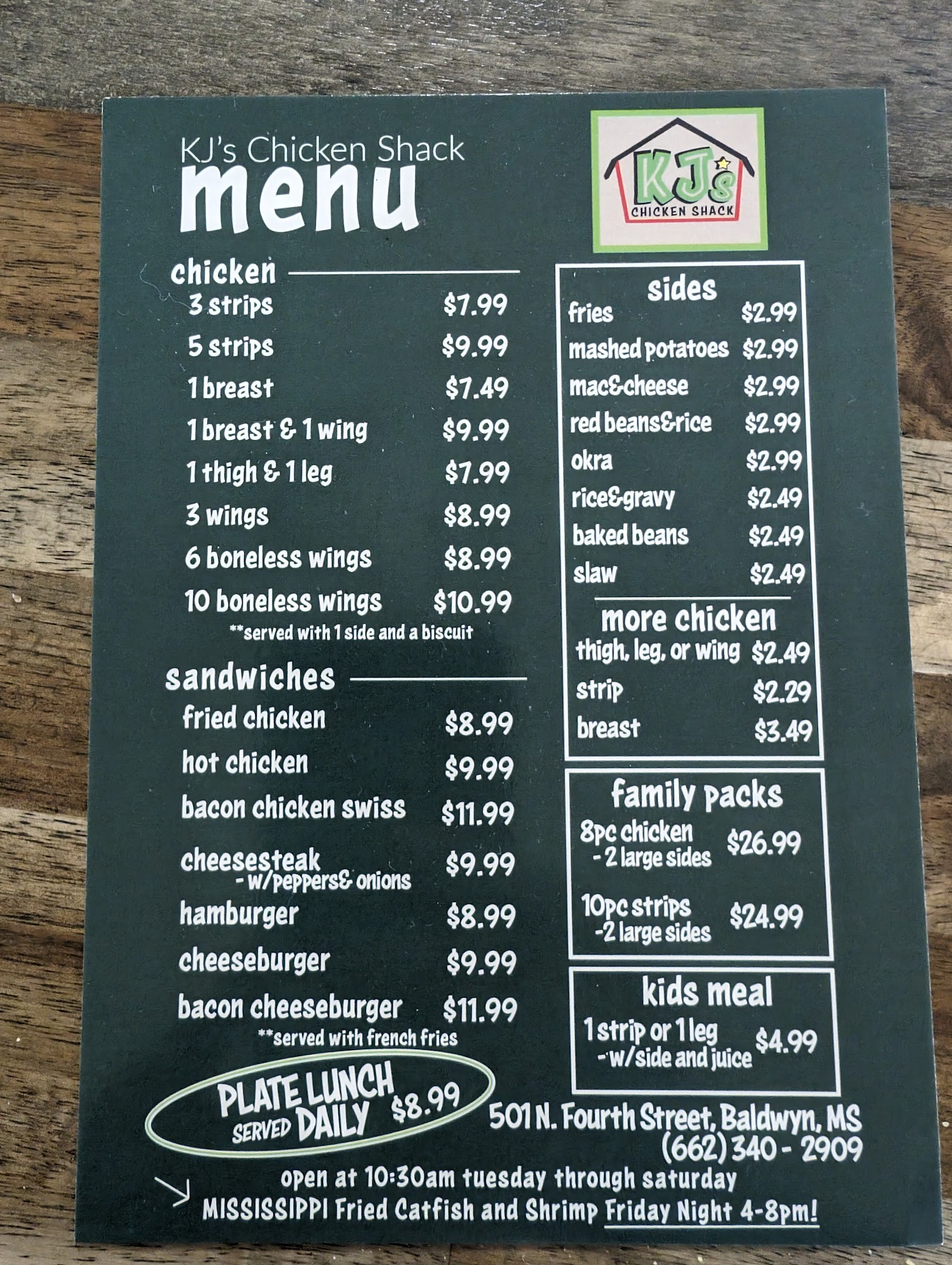 KJ's Chicken Shack Menu