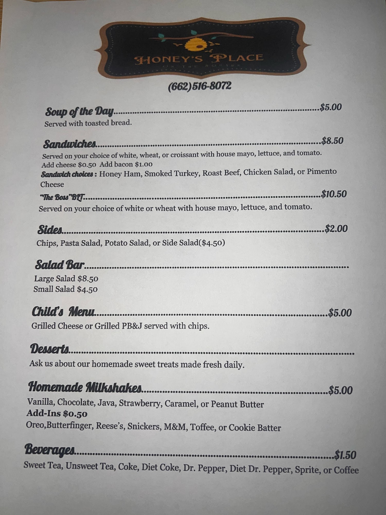 Honey’s Place Menu