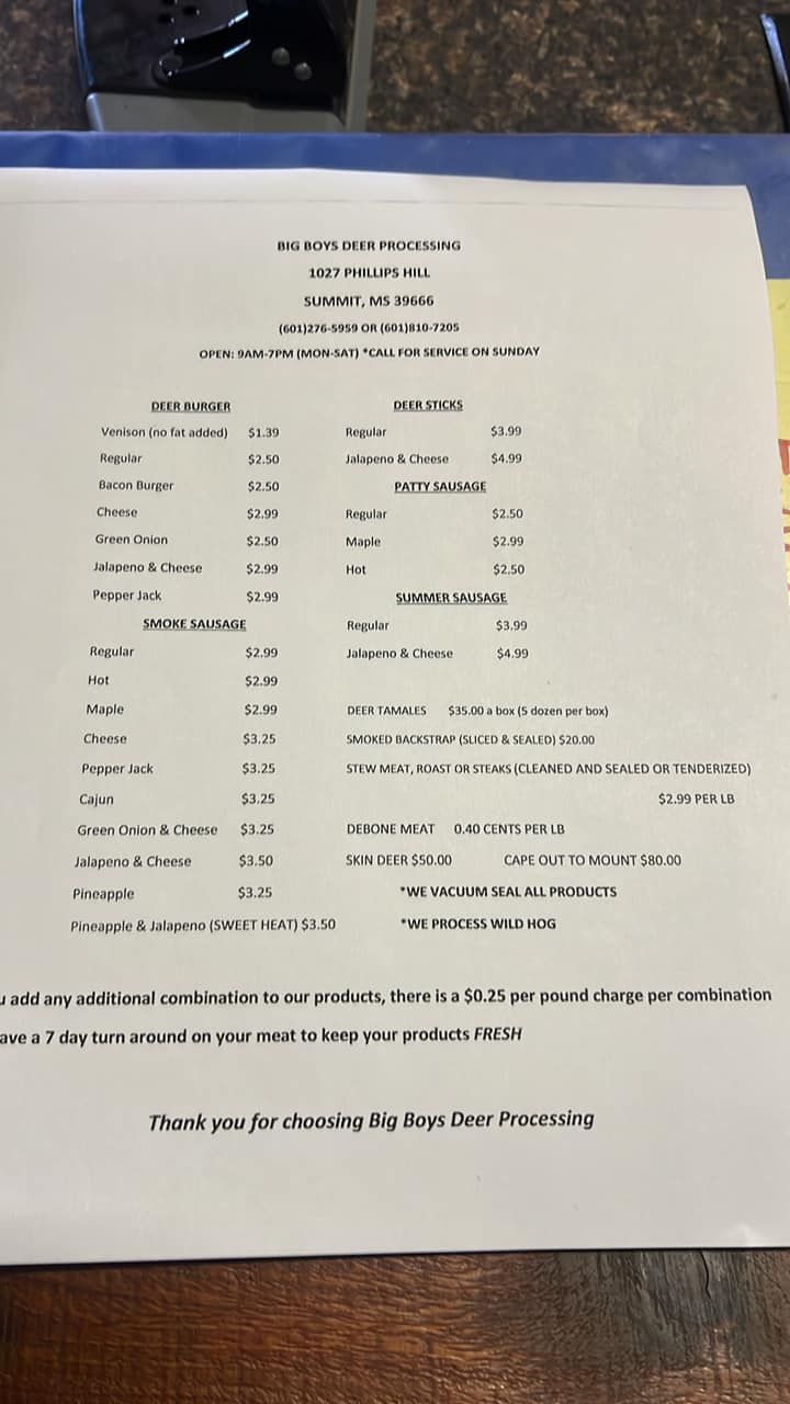 Big Boys Deer Processes & Seafood Menu