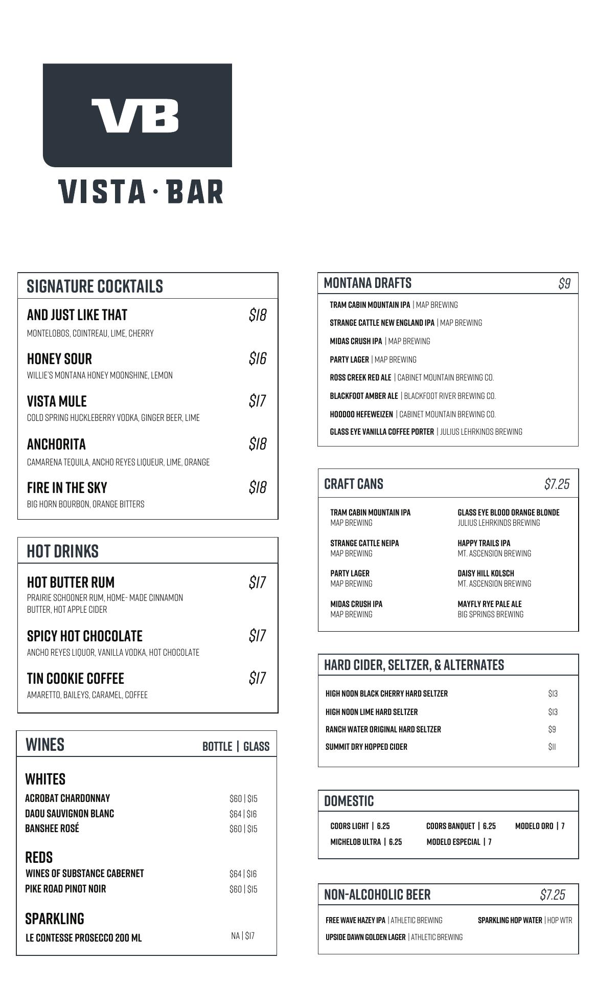 Vista Bar Menu