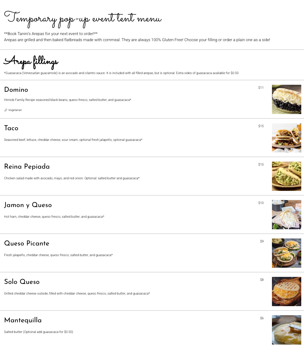 Tanini's Arepas Menu