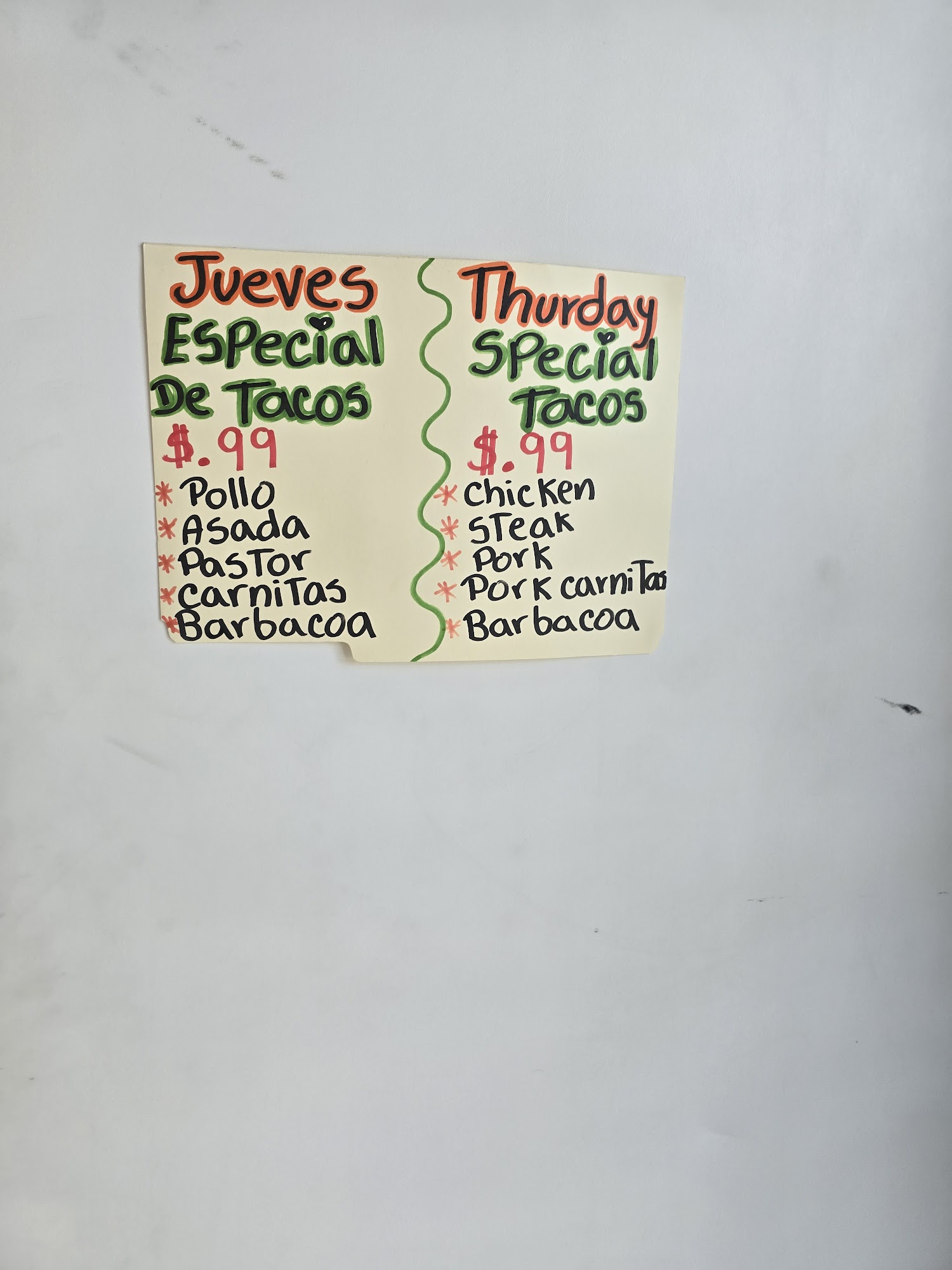 Tacoz y Tortilleria Menu