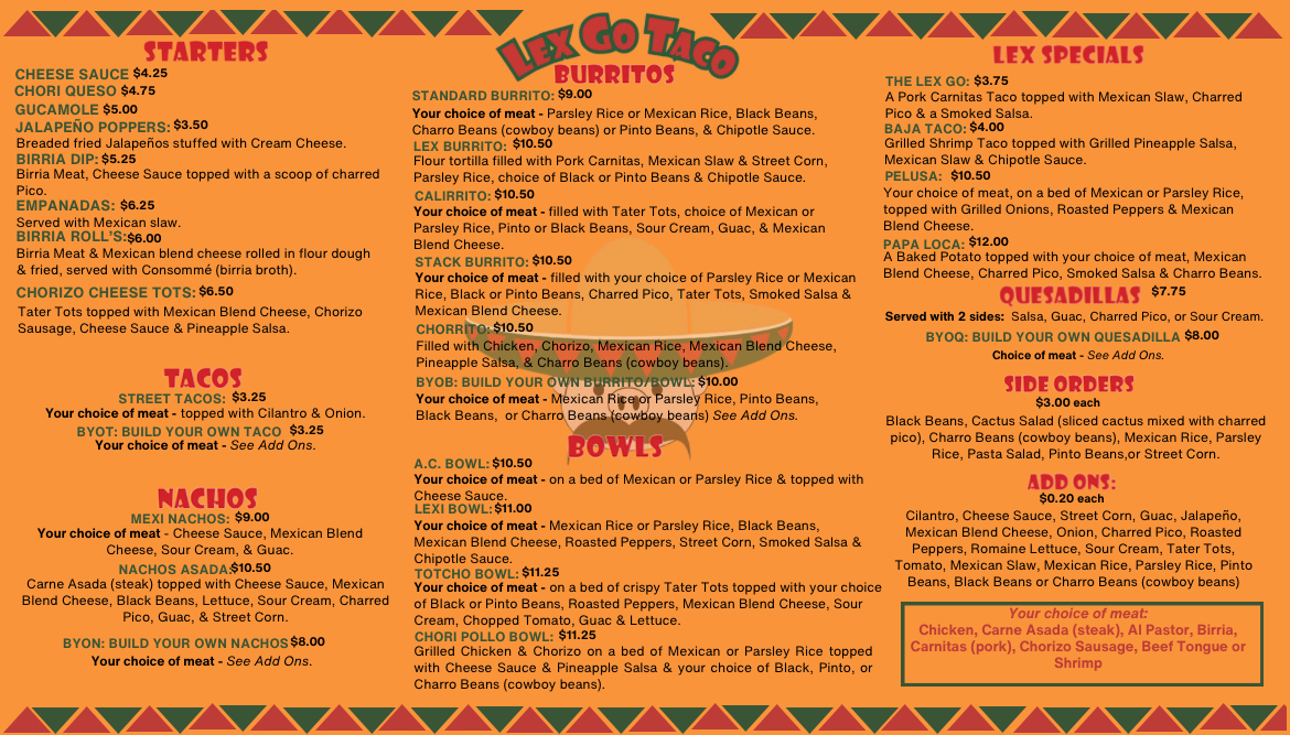 LEX GO TACO Menu