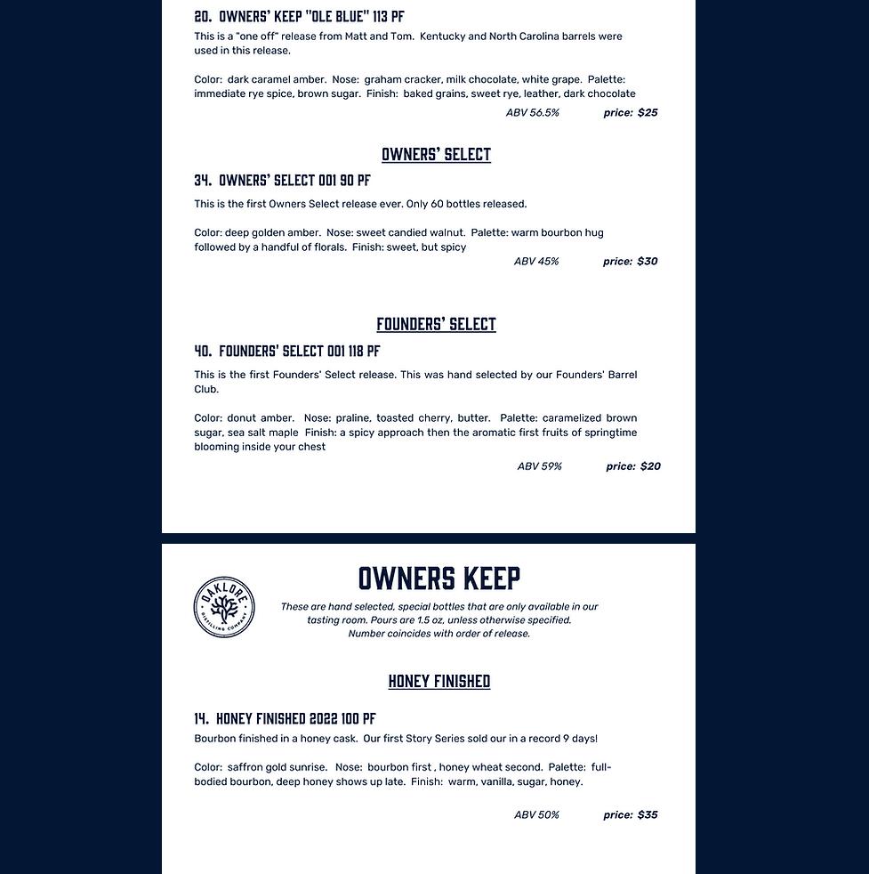 Oaklore Distilling Co. Menu