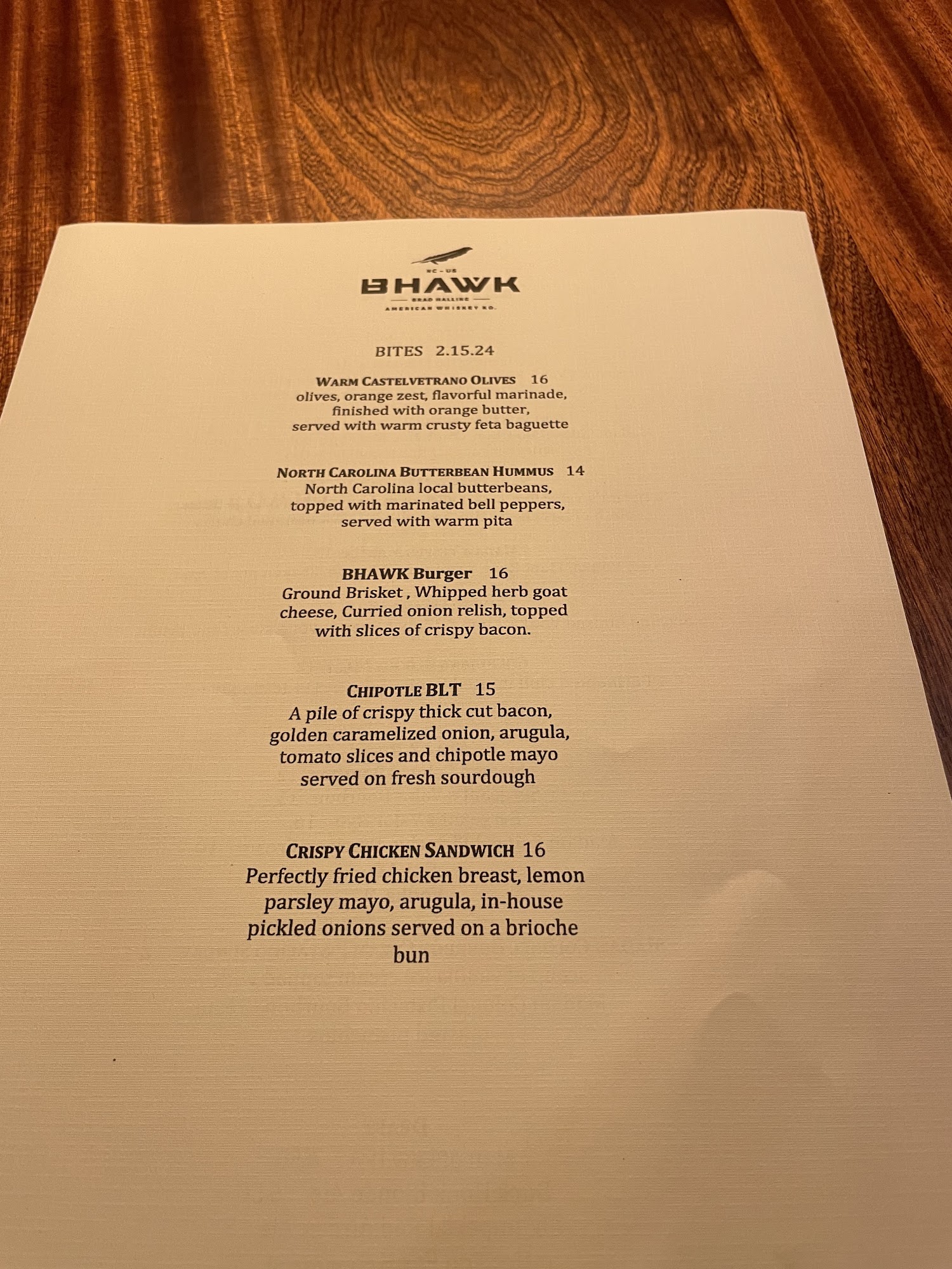 Brad Halling American Whiskey Ko. Menu