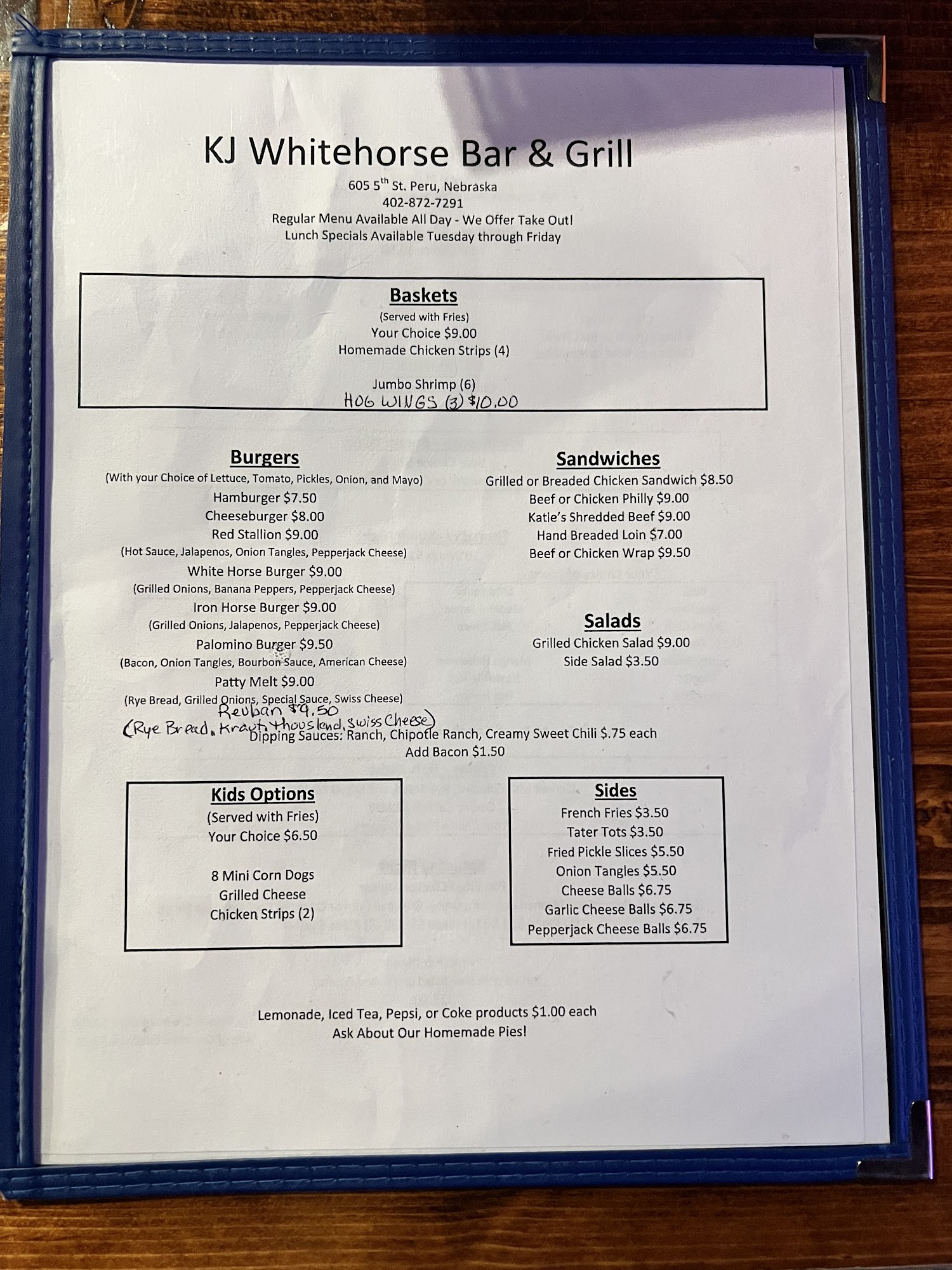 KJ Whitehorse Bar & Grill Menu